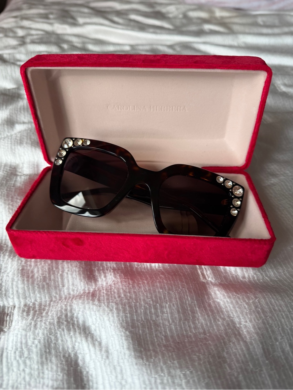Carolina Herrera Tortoiseshell Square Sunglasses with Crystal Accents - Brown